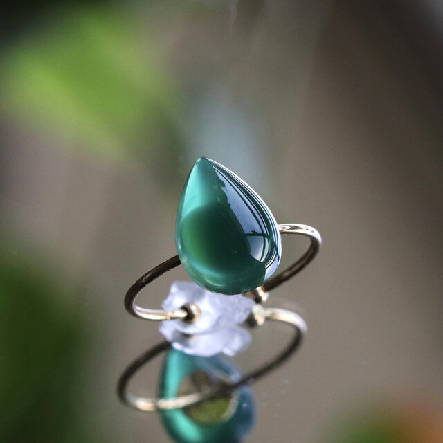 天然石グリーンオニキス　一粒　フリーリング 秋冬　秋色　--Green drop--