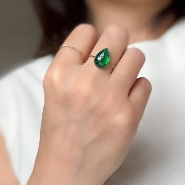 深緑のしずく グリーンオニキス 一粒フリーサイズリング｜14×10mm