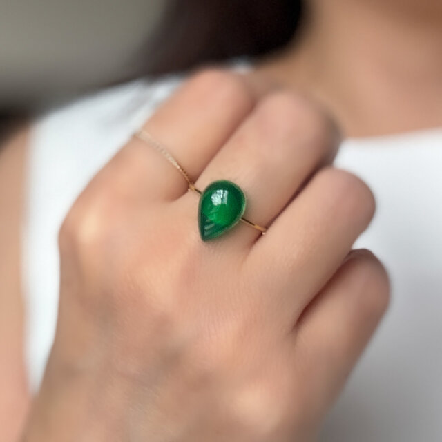深緑のしずく グリーンオニキス 一粒フリーサイズリング｜14×10mm