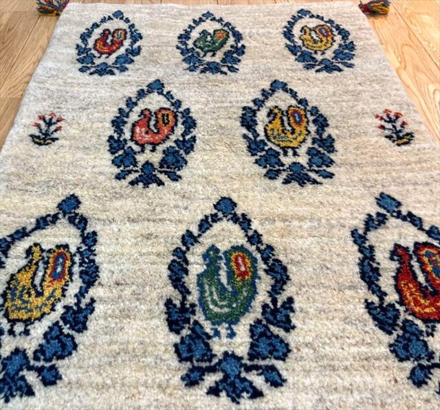 春入荷】ペルシャ ギャッベ 玄関マット 88×65㎝ ベージュ 鳥 花輪