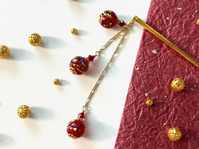 ★素敵な赤いかんざし★ かんざし とんぼ玉 玉かんざし 一本 14.5cm スワロフスキー 普段