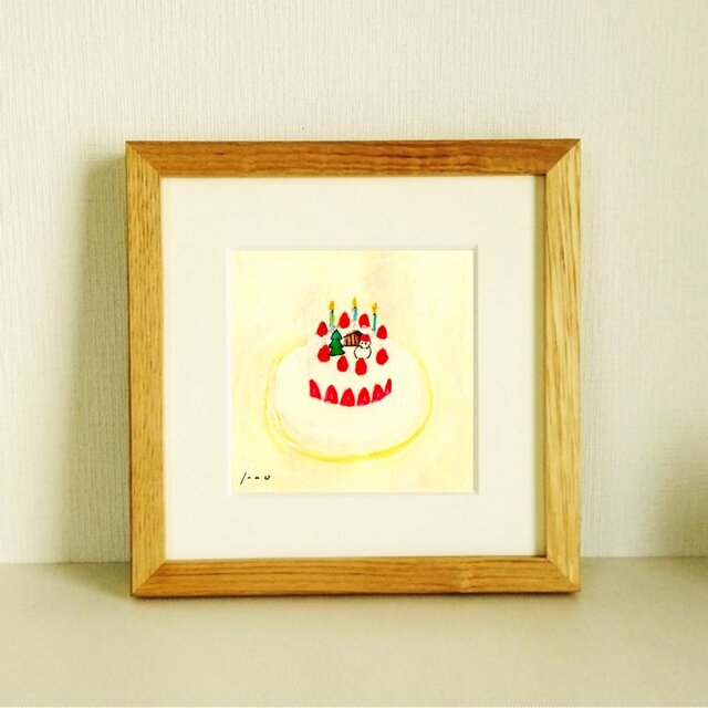 絵画「クリスマスケーキ」原画　水彩 イラスト ※木製額縁入り(18×18㎝）