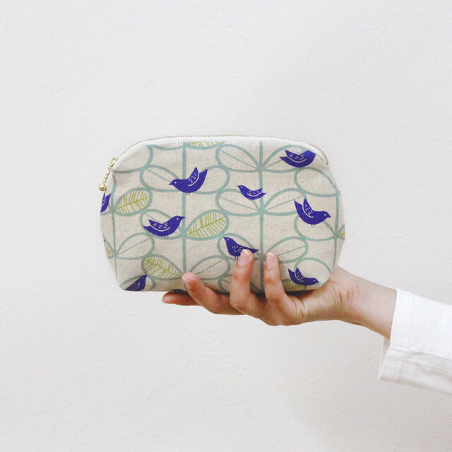 【特価品】綿麻キャンバスのラウンドポーチ（ 鳥 ）化粧ポーチ 北欧