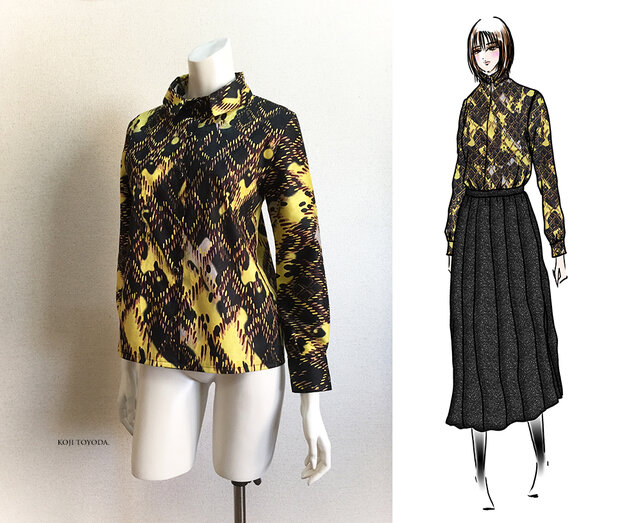 ル 年末のプロモーション 1点もの・デザイン画付き】日本製綿プリントストレッチ シャツ+ブラウス(長袖+七分)
