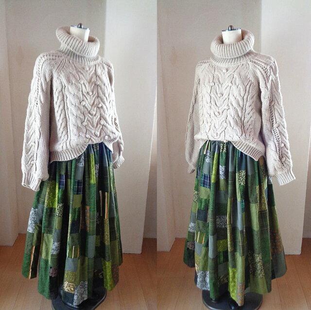 1点もの 絵画なパッチワーク♥Khaki＆moss green♥マキシ丈♥超