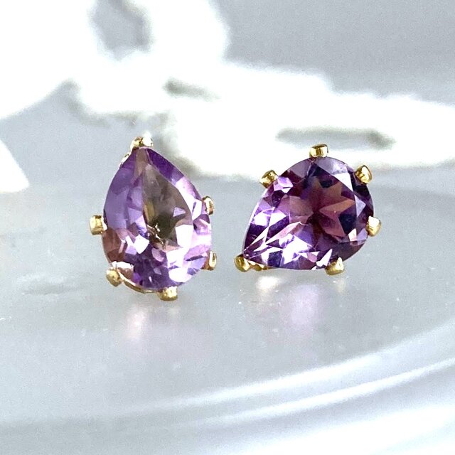 ローズアメジストのひと粒ピアス＊ペアシェイプカット（2月の誕生石）
