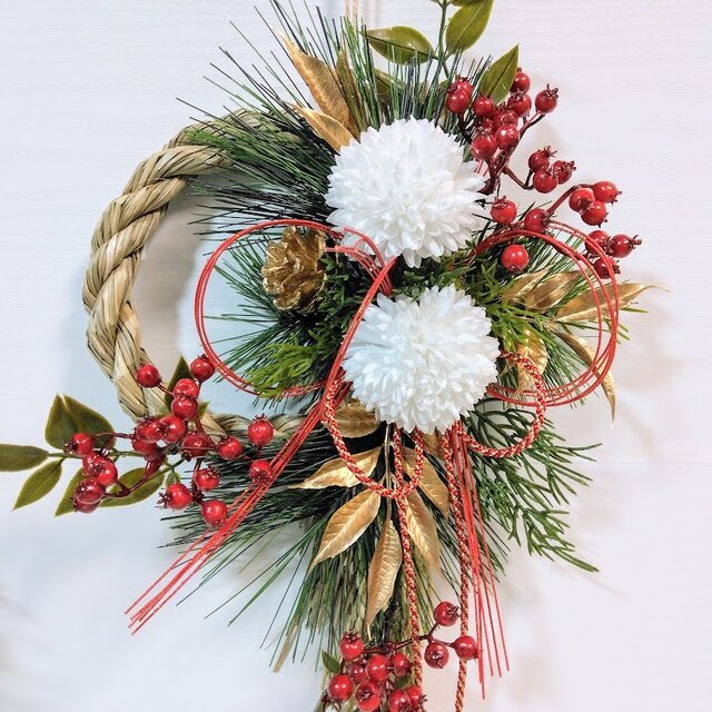 お正月 しめ縄リース (白)ピンポンマム n622 アーティフィシャル