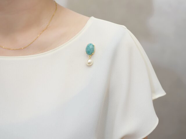 マグネット ブローチ】さざ波 海のアマゾナイト・宝石ビジュー パール