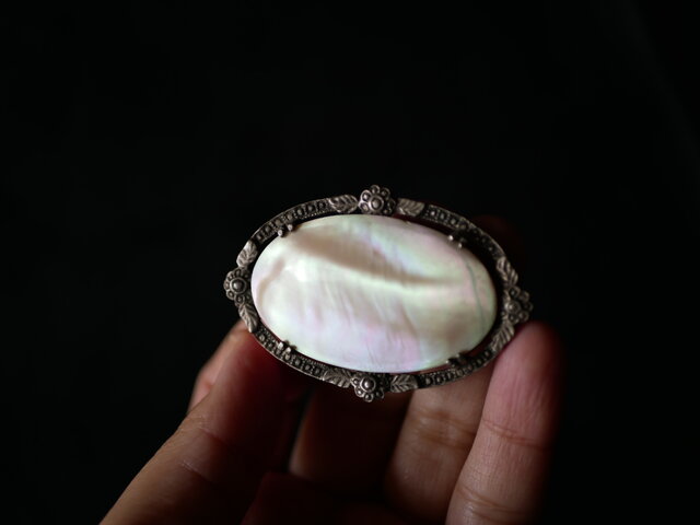 純銀 白蝶貝 アンティークブローチ マザーオブパール フランス
