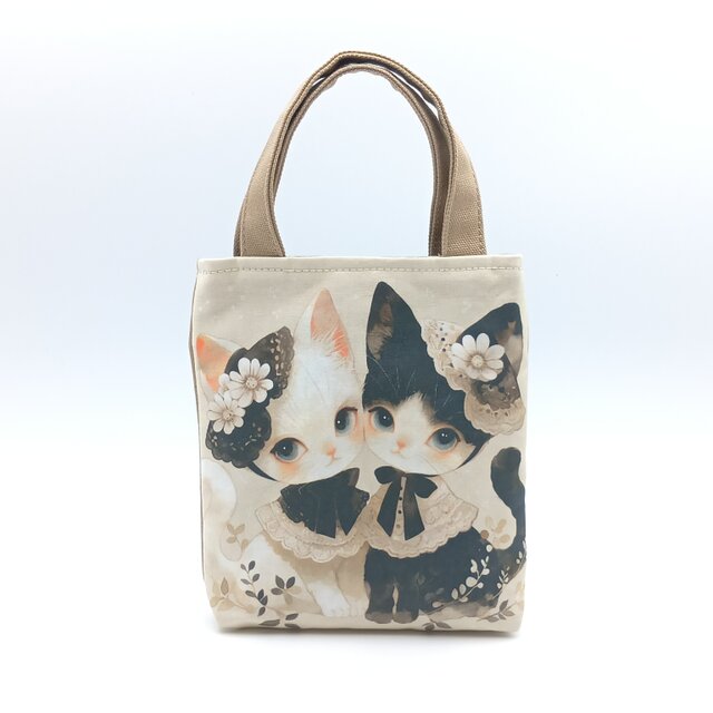 激レアねこパネル生地　ハンドメイド　ミニバック 猫 パネル生地のミニミニトートバッグ ベージュ 871 | iichi 日々の