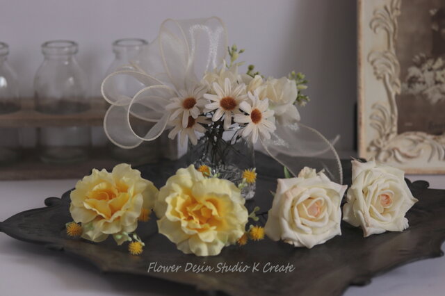 本物花 アンティークイエロー 薔薇 髪飾り ブライダル ウエディング 卒業 入学 エクリュと黄色い薔薇のリボンのヘッドドレス ウェディング