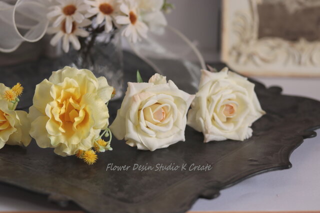 エクリュと黄色い薔薇のリボンのヘッドドレス ウェディング