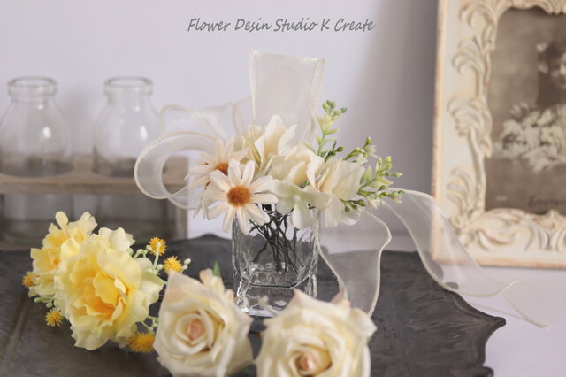 エクリュと黄色い薔薇のリボンのヘッドドレス ウェディング