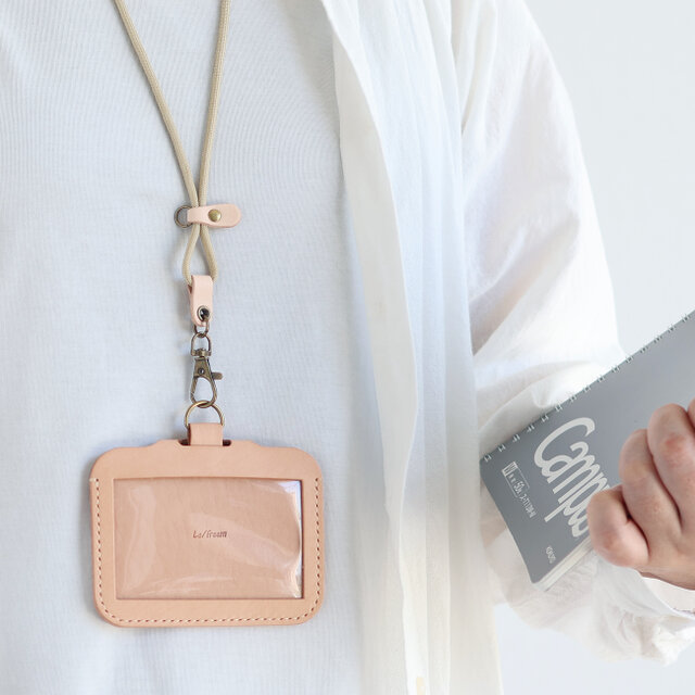 IDケース＋ネックストラップ付き LF-102+LF-080 ヌメ革ALL レザー 牛革パスケース ICケース 社員証ケース