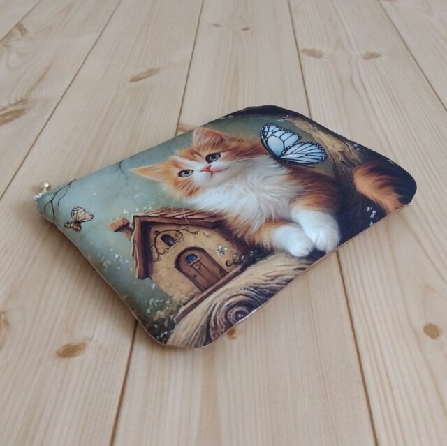 cancan☆フラットポーチ♥️気品のある猫様①♥️ハンドメイド 猫パネル 16cmフラットポーチ ラッピング対応可 ポケット付き