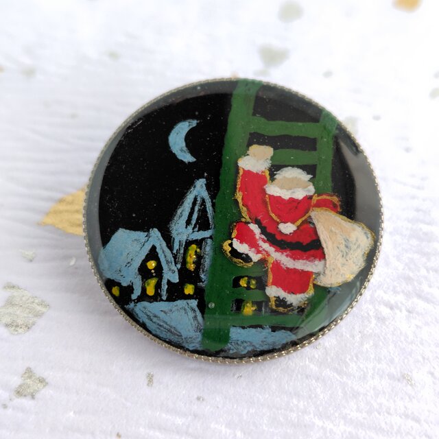 サンタさん、どこへ？（2ｗay）＊手描きレジンの帯留め＆ブローチ