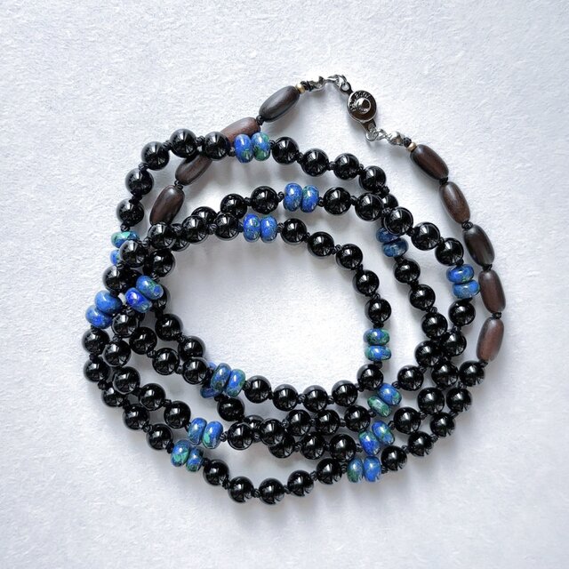 オニキスとアズロマラカイトのロングネックレス B ／ 天然石, ウッドビーズ
