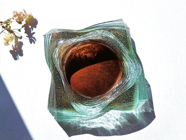 ガラス水盤　花器　花展　大きめ　白　マーブル調　花道 ガラス水盤 花器 積層銀澄散水盤 一輪挿し・花瓶・花器 スタジオ