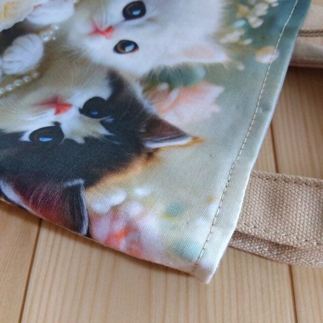 子猫と薔薇柄 パネル生地のミニミニトートバッグ サブバッグ 884