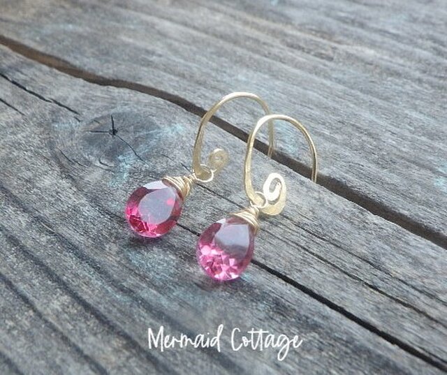 14Kgf* Swirl＆Pink Topaz Earrings* 宝石質ピンクトパーズの渦巻き