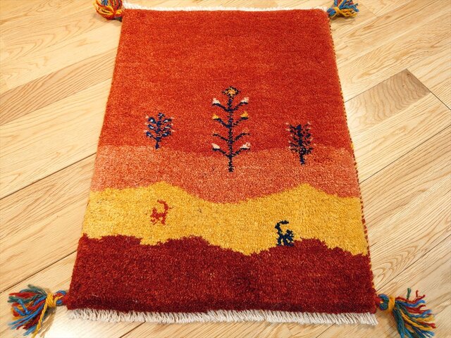 春入荷】ペルシャ ギャッベ 玄関マット小 55×41cm 茜色 桃色 夕日