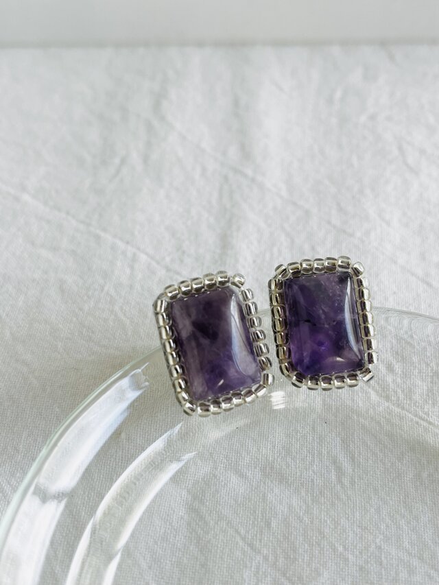 【天然石  アメジスト×silverビーズ】ピアス