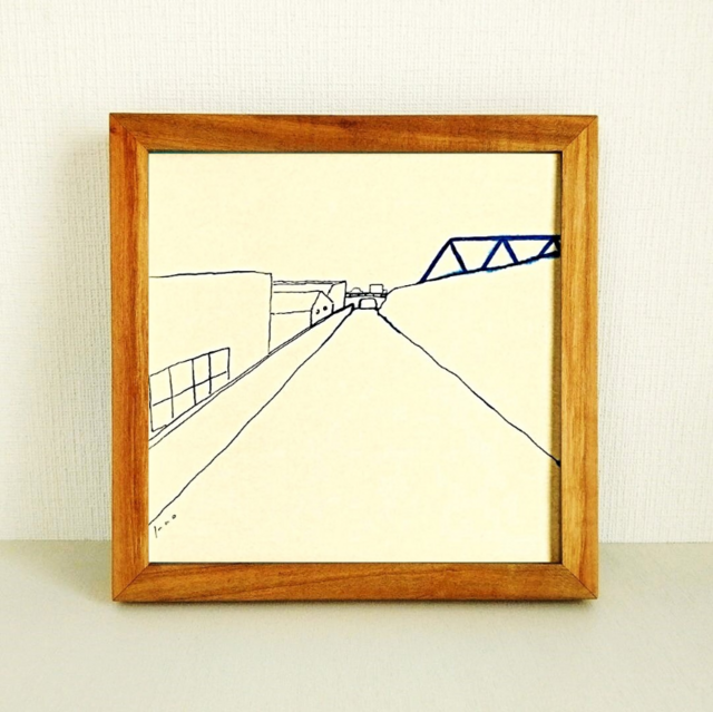 原画「青い橋のある風景/ドローイング」 ※木製額縁入り(18×18