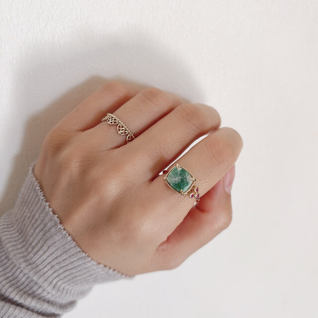 Emerald エメラルド in クォーツ&ルビー リング / K10【1点限り