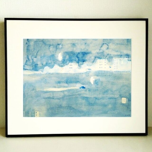 一点物｜絵画｜原画「青い街の夜」※額縁入り（四つ切サイズ）送料無料