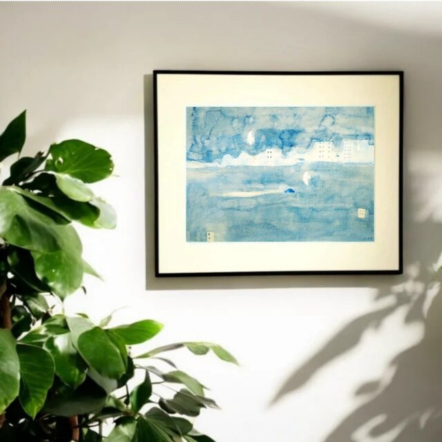一点物｜絵画｜原画「青い街の夜」※額縁入り（四つ切サイズ）送料無料