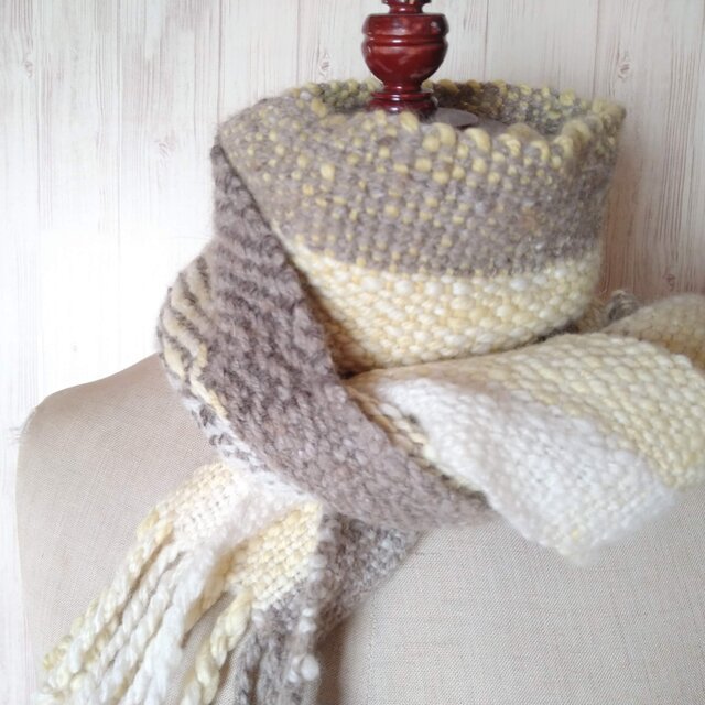 再販　ナチュラル好きさんのための草木染め手織りマフラー　レモンイエロー　ホームスパン　