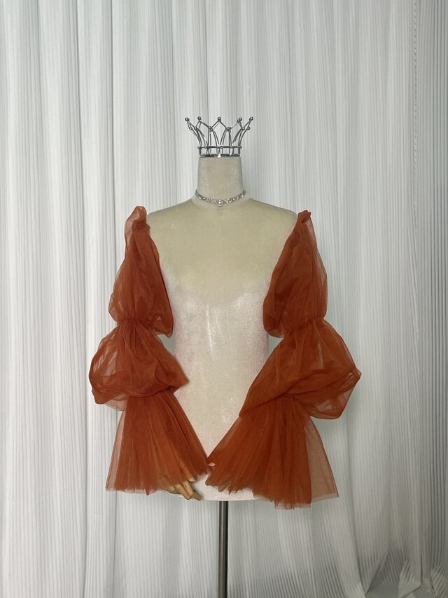 パフスリーブ テラコッタ色 ロングスリーブ ソフトチュール 結婚式 ストレッチ 前撮り 色直し
