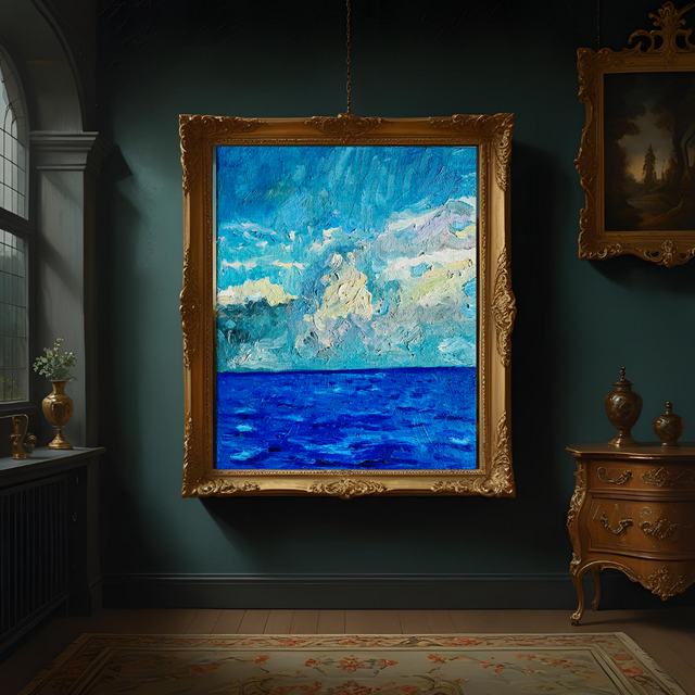 原画・油彩「朝の海7」絵画・F3（22×27㎝）アート・キャンバス