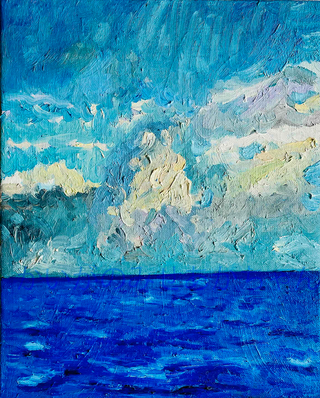 原画・油彩「朝の海7」絵画・F3（22×27㎝）アート・キャンバス