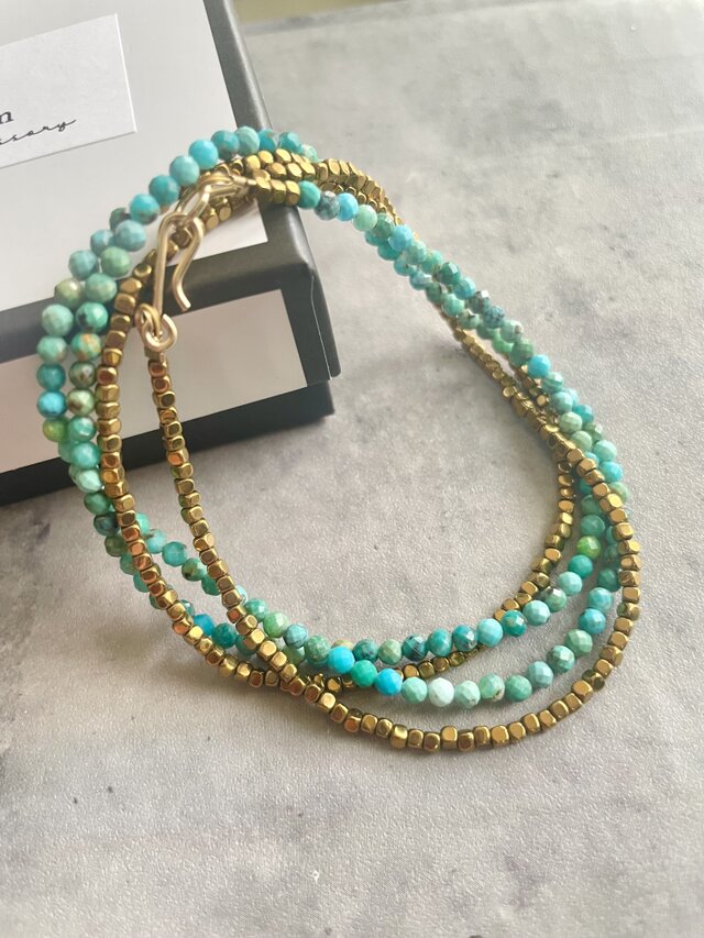 ターコイズ×ゴールドビーズ ロングネックレス14kgf 2way 送料無料　天然石