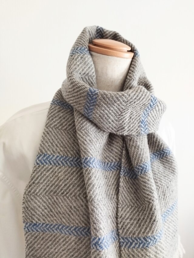 灰色x水色/手織りマフラー/やや小ぶりサイズ
