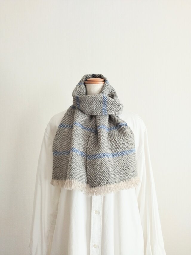 灰色x水色/手織りマフラー/やや小ぶりサイズ