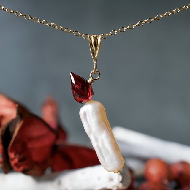 「灯火」キャンドル ネックレス ろうそく クリスマス ガーネット 淡水パール 天然石 誕生石 冬 金属アレルギー対応 14kgf