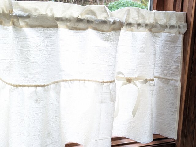 ナチュラルコットン♪ミミフリルカフェカーテン♡リボン付き | iichi