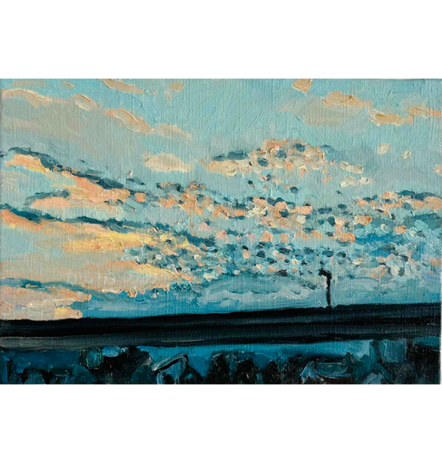 原画・油彩「優しい夕空」絵画・サムホール（16×23㎝）アート