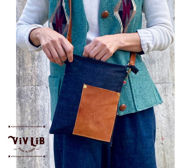 セルビッチデニム×革ポケットのサコッシュ・13.5oz・スマホショルダー