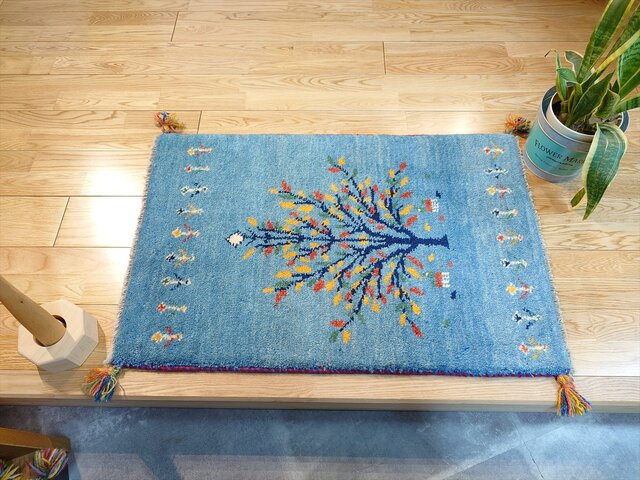 ペルシャ ギャッベ 玄関マット 87x58㎝ 水色 生命の木 RJ5839G | iichi