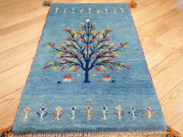 ペルシャ ギャッベ 玄関マット 87x58㎝ 水色 生命の木 RJ5839G | iichi