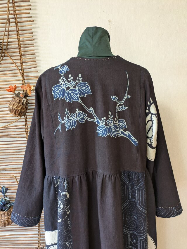 古布筒描きリメイク 　　　　ジャケット 古布リメイク 筒描き 藍染木綿 衿付きジャケット