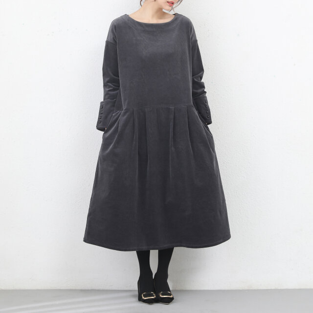 （即納）コーデュロイ　タック　ゆったり　ワンピース・チャコール　♪オーダーサイズ可