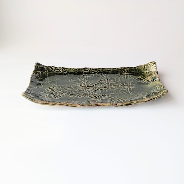 織部釉長皿　【手仕事　民藝　和　陶器】
