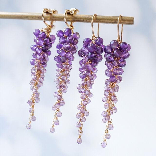 【ピアス／イヤリング】「息を呑む絶景」藤の花 アメジスト 天然石 誕生石 14kgf 紫 パープル じゃらじゃら ロング