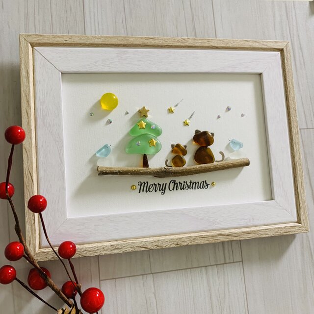 シーグラスアート インテリア雑貨 クリスマスツリー 星に願いを 猫ペアシルエット 置物 北欧ガラス細工 贈り物 プレゼント