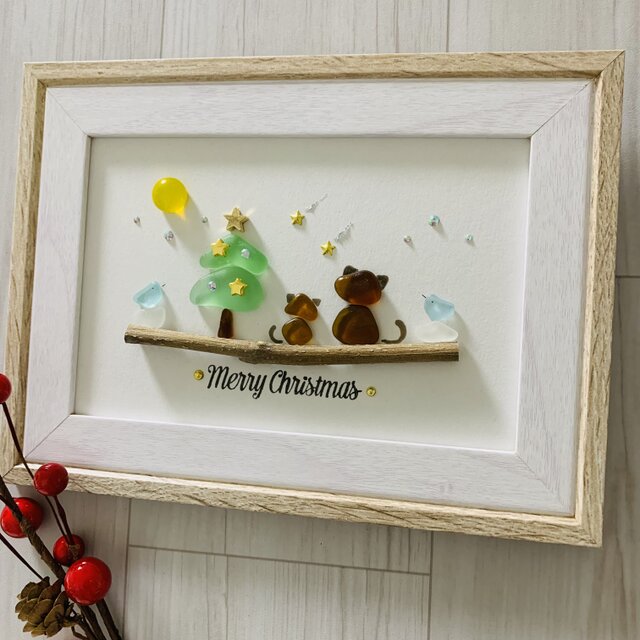 シーグラスアート インテリア雑貨 クリスマスツリー 星に願いを 猫ペア