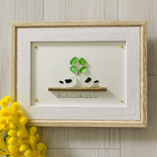 シーグラスアート シマエナガペア 四葉のクローバー インテリア雑貨